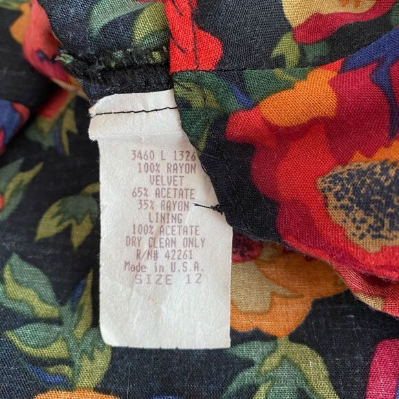 Vintage S.G.Gilbert Size 12 Dark Floral Dress Orange Long Sleeve Velvet Buttons - Picture 10 of 10
